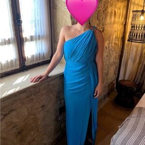 Michael Costello Blue Asymmetrical Ruched Gown